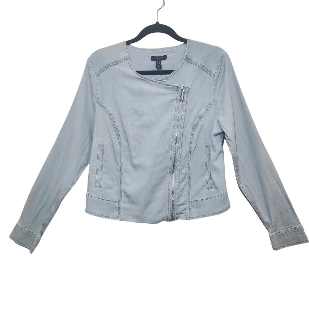 H By Halston Chambray Jacket Blue Denim Shacket Silver Zipper Women's Size 10‎
